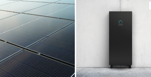 Photovoltaik-Paneel auf linken Bildseite – sonnenBatterie auf rechten Bildseite
