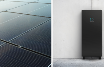 Photovoltaik-Paneel auf linken Bildseite – sonnenBatterie auf rechten Bildseite